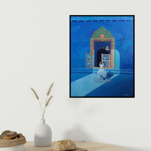 Mansing Jadhav's 'Nandi (Peaceful Sanctuary)' painting visualized above a sofa in a contemporary room.