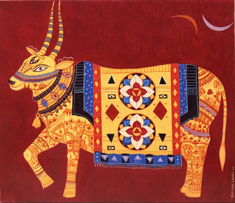 Nandi' religious acrylic painting by artist Bhaskar Lahiri, 26x30 inch, on canvas