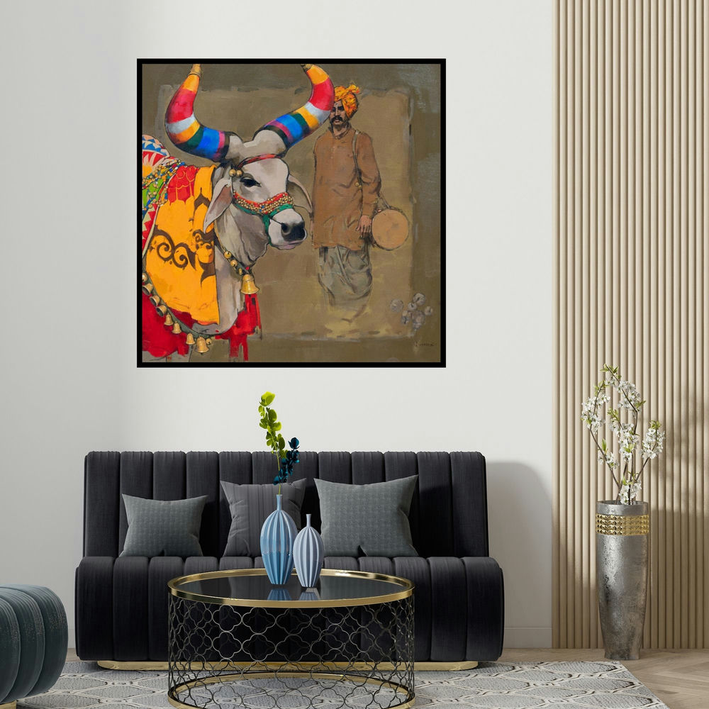 Satyajeet Varekar's 'Nandi (A Majestic Beast)' painting visualized above a sofa in a contemporary room.