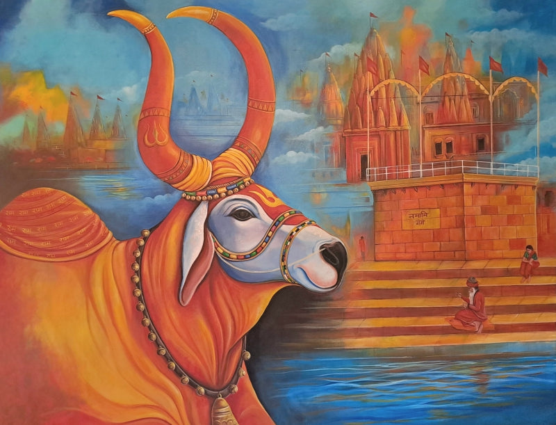 Nandi' religious acrylic painting by artist Anand Kumar, 48x60 inch, on canvas