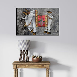In-situ view of Paras Parmar's 'Nandi (Sacred Cow with Krishna)' painting in a room