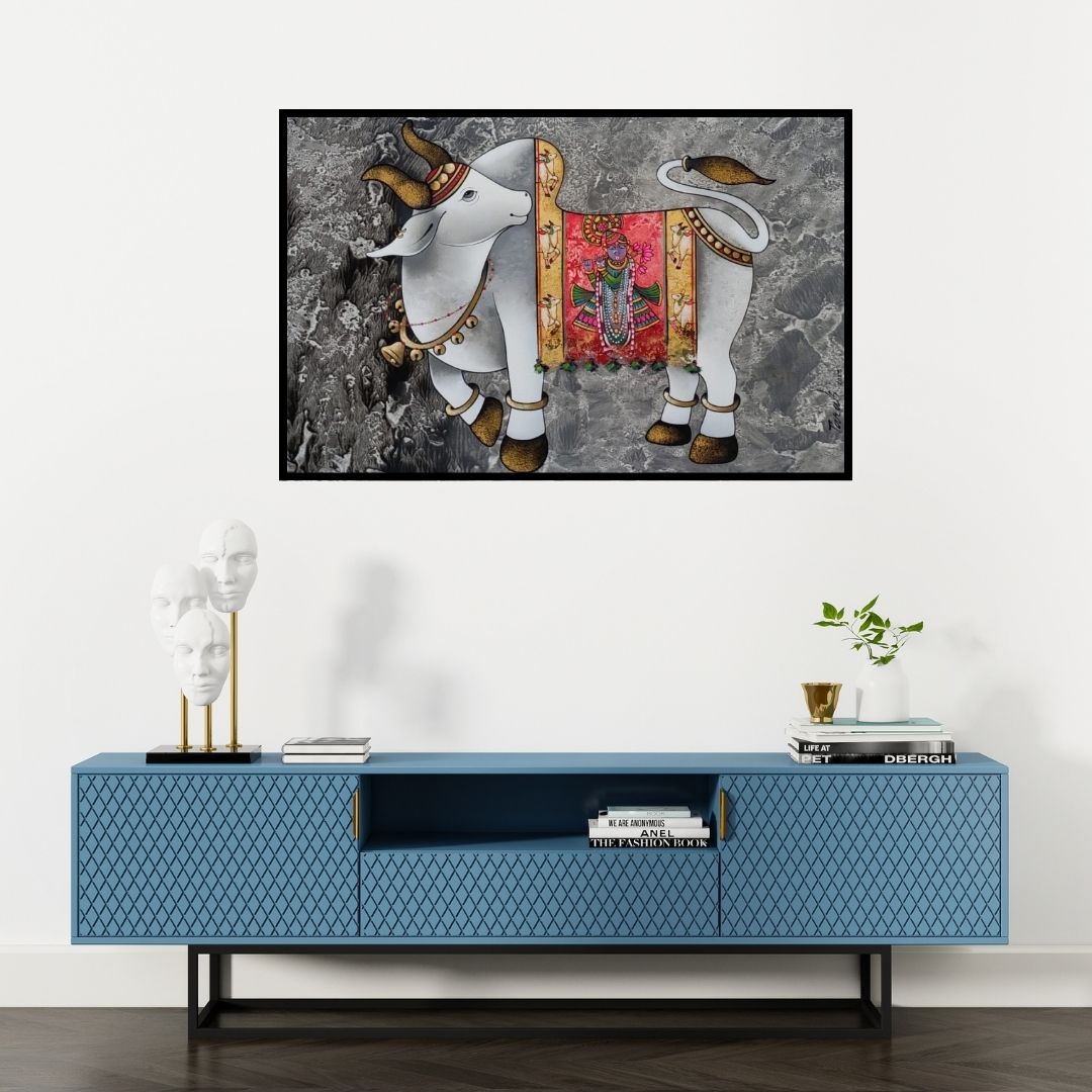 Preview of 'Nandi (Sacred Cow with Krishna)' Painting by Paras Parmar shown on a wall in a furnished room.