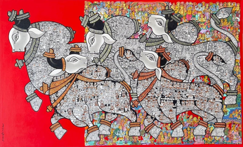 Nandi' religious acrylic painting by artist Vivek Kumavat, 36x60 inch, on canvas