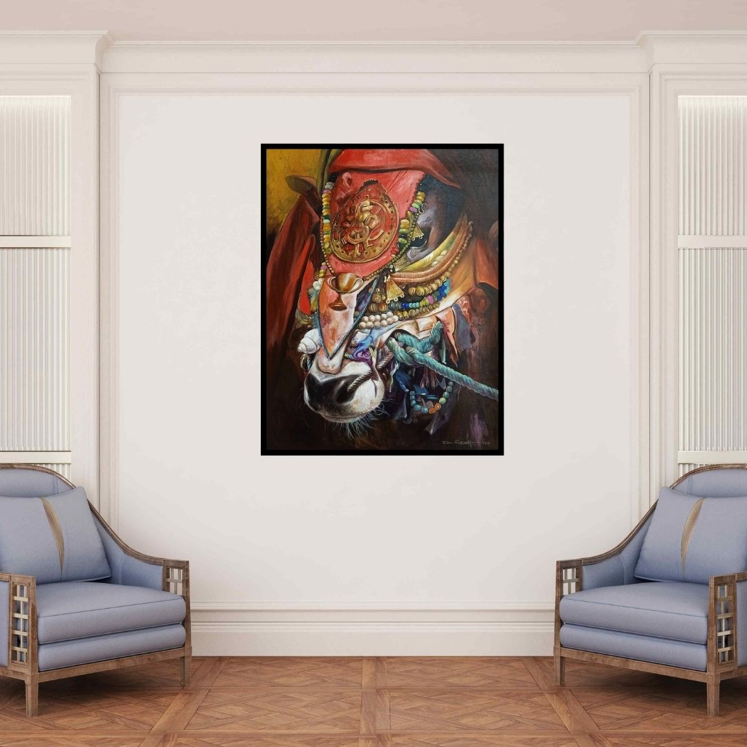 In-situ view of Jiban Biswas's 'Nandi 2 (Sacred Adornment)' painting in a room