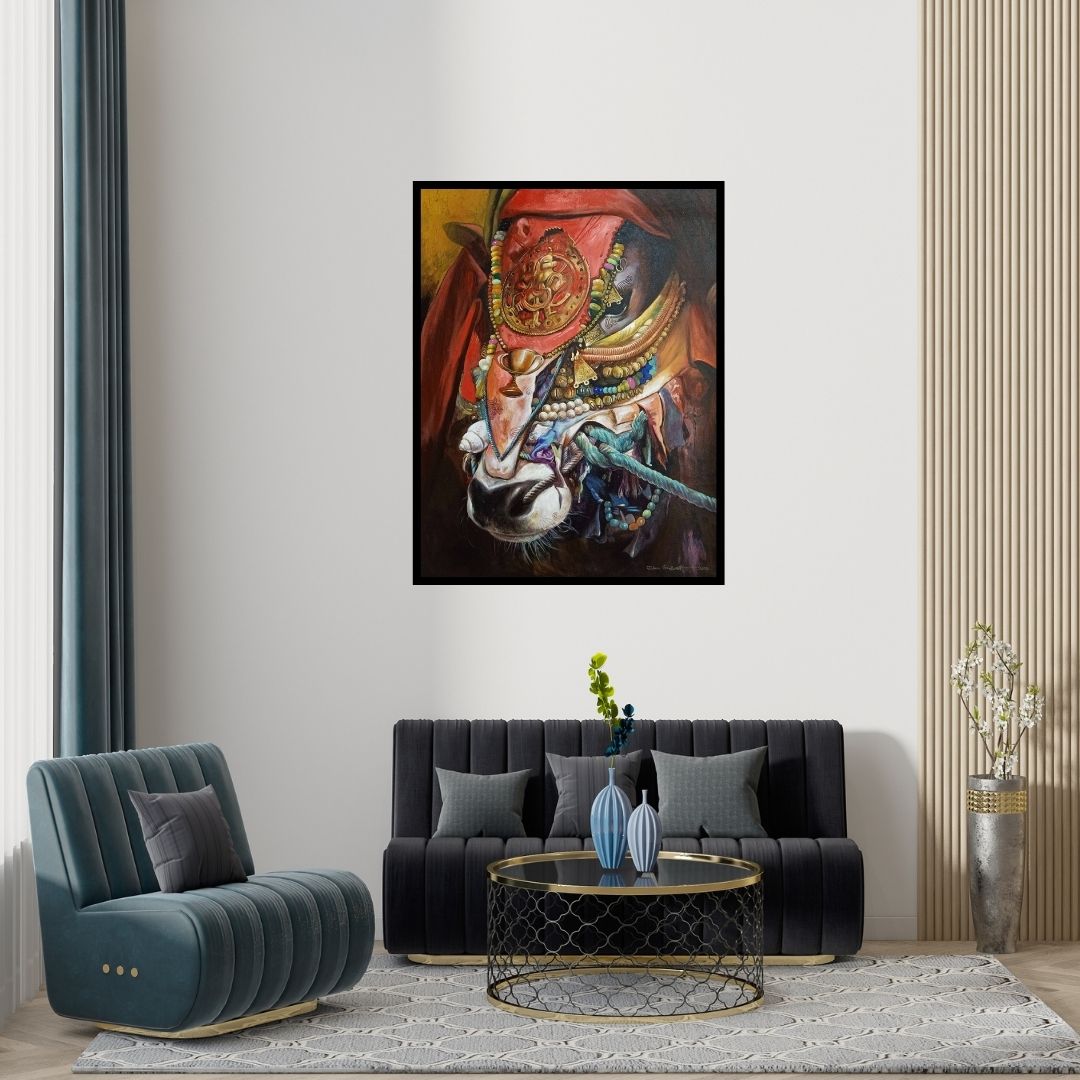 Preview of 'Nandi 2 (Sacred Adornment)' Painting by Jiban Biswas shown on a wall in a furnished room.