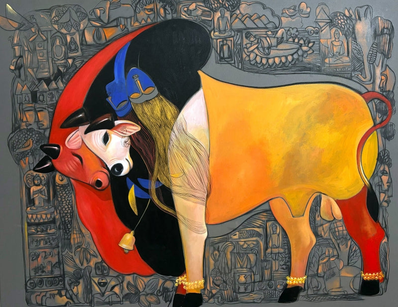 'Nandi 2' religious acrylic painting by artist Jiban Biswas, 48x60 inch, on canvas