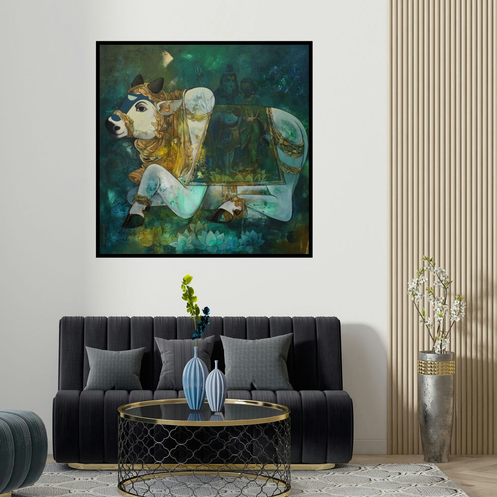 N P Rajeshwarr's 'Nandi (Nandi Shiva's Cosmic Guardian)' painting visualized above a sofa in a contemporary room.