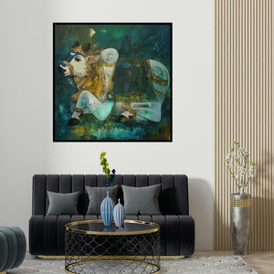 N P Rajeshwarr's 'Nandi (Nandi Shiva's Cosmic Guardian)' painting visualized above a sofa in a contemporary room.
