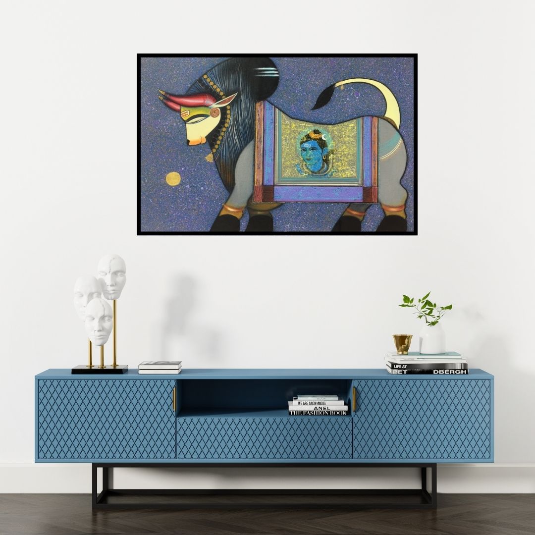 Preview of 'Nandi 3 (Nandi's Divine Vision)' Painting by Ashok Rathod shown on a wall in a furnished room.