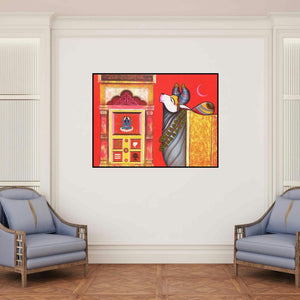 'Nandi 3 (Nandi's Devotion)' painting by Ashok Rathod shown on a wall in a furnished room.