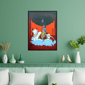 Preview of 'Nandi 3 (Shiva's Journey on Nandi)' Painting by Ramchandra Kharatmal shown on a wall in a furnished room.
