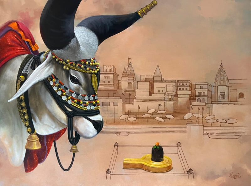 Nandi 3' religious acrylic painting by artist Vinayak Potdar, 36x48 inch, on canvas