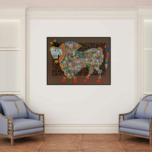 'Nandi 32' painting by Vivek Kumavat shown on a wall in a furnished room.