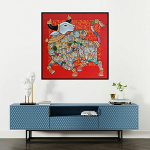 'Nandi 38' painting by Vivek Kumavat shown on a wall in a furnished room.