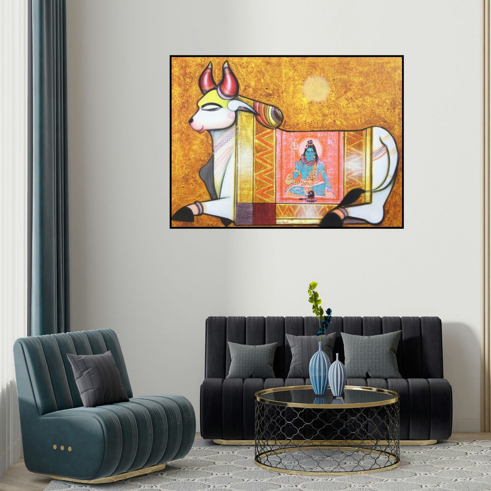 Ashok Rathod's 'Nandi 4 (Nandi's Divine Vision)' painting visualized above a sofa in a contemporary room.