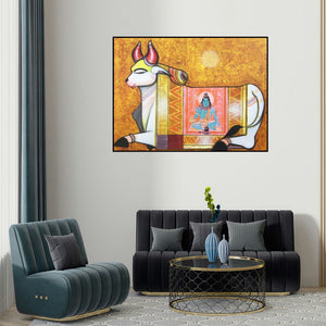 Ashok Rathod's 'Nandi 4 (Nandi's Divine Vision)' painting visualized above a sofa in a contemporary room.