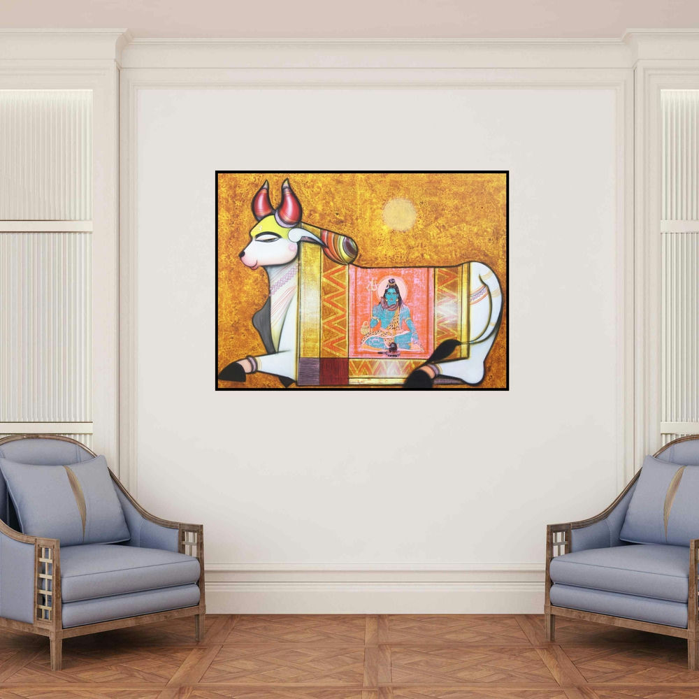 'Nandi 4 (Nandi's Divine Vision)' painting by Ashok Rathod shown on a wall in a furnished room.