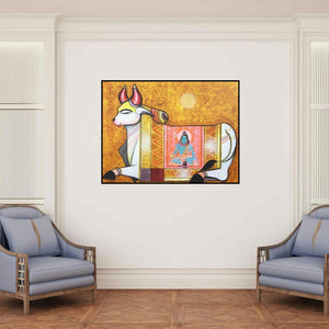 'Nandi 4 (Nandi's Divine Vision)' painting by Ashok Rathod shown on a wall in a furnished room.