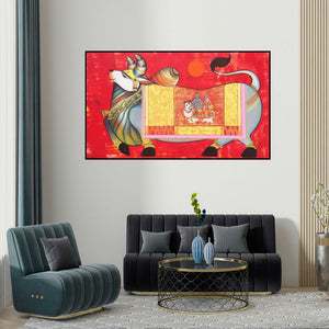 Ashok Rathod's 'Nandi 4 (Nandi's Divine Vision)' painting visualized above a sofa in a contemporary room.
