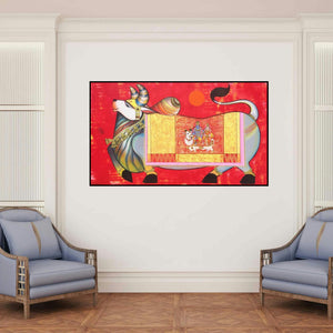 'Nandi 4 (Nandi's Divine Vision)' painting by Ashok Rathod shown on a wall in a furnished room.