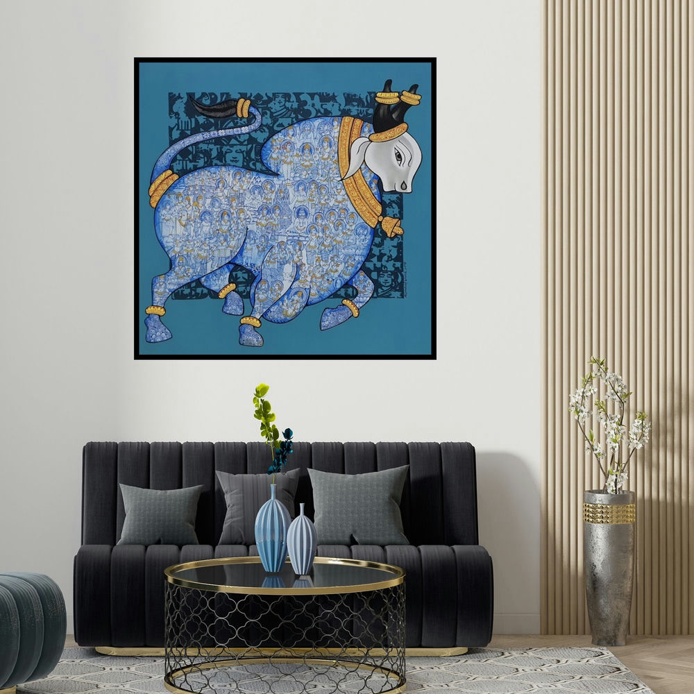 Vivek Kumavat's 'Nandi 45' painting visualized above a sofa in a contemporary room.
