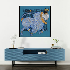 'Nandi 45' painting by Vivek Kumavat shown on a wall in a furnished room.