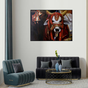 'Nandi (The Sacred Guardian)' painting by Jiban Biswas shown on a wall in a furnished room.