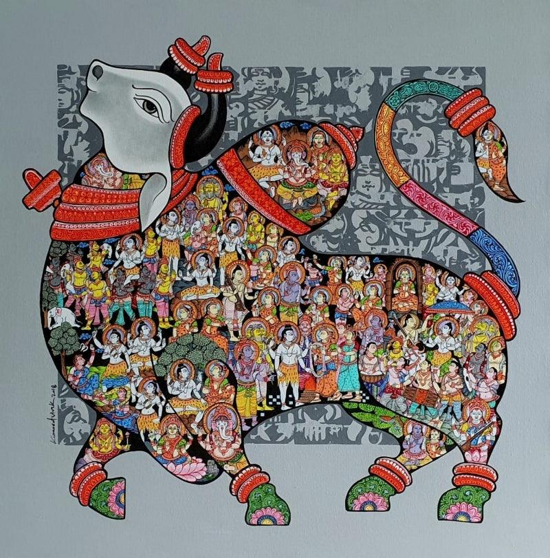 Animals acrylic painting titled 'Nandi 56', 36x36 inches, by artist Vivek Kumavat on Canvas