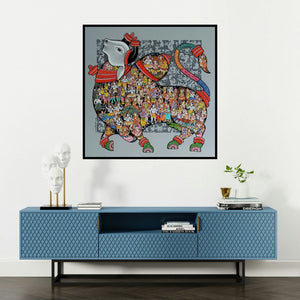 'Nandi 56' painting by Vivek Kumavat shown on a wall in a furnished room.