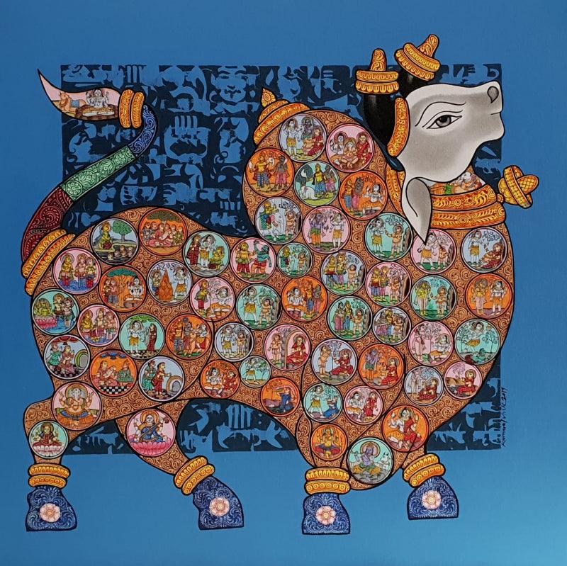 Animals acrylic painting titled 'Nandi 58', 36x36 inches, by artist Vivek Kumavat on Canvas