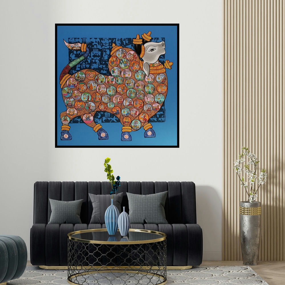 Vivek Kumavat's 'Nandi 58' painting visualized above a sofa in a contemporary room.