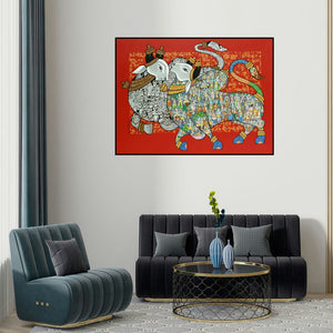 Vivek Kumavat's 'Nandi 59' painting visualized above a sofa in a contemporary room.