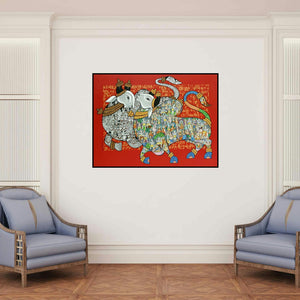 'Nandi 59' painting by Vivek Kumavat shown on a wall in a furnished room.