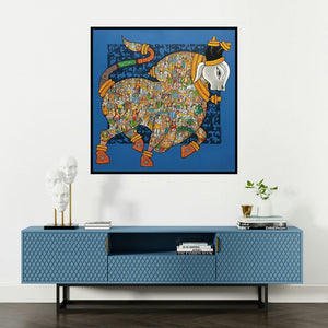 'Nandi 62' painting by Vivek Kumavat shown on a wall in a furnished room.