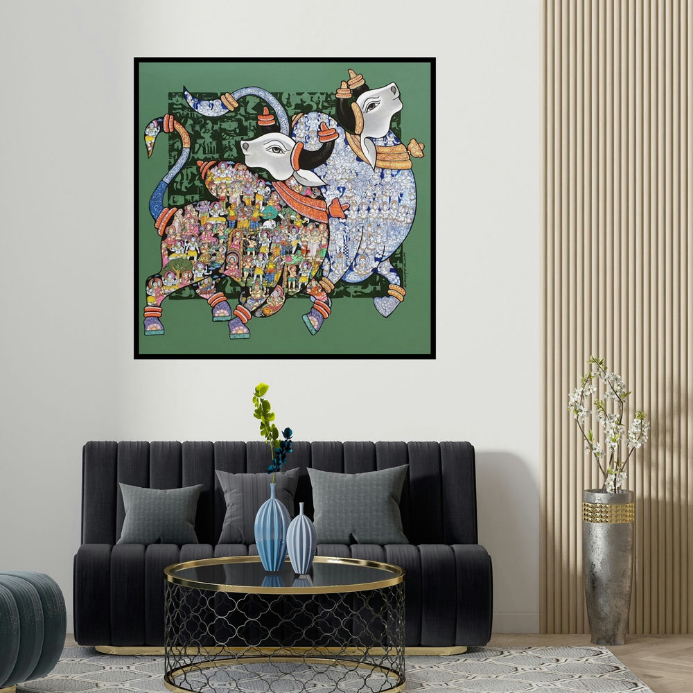 Vivek Kumavat's 'Nandi 64' painting visualized above a sofa in a contemporary room.