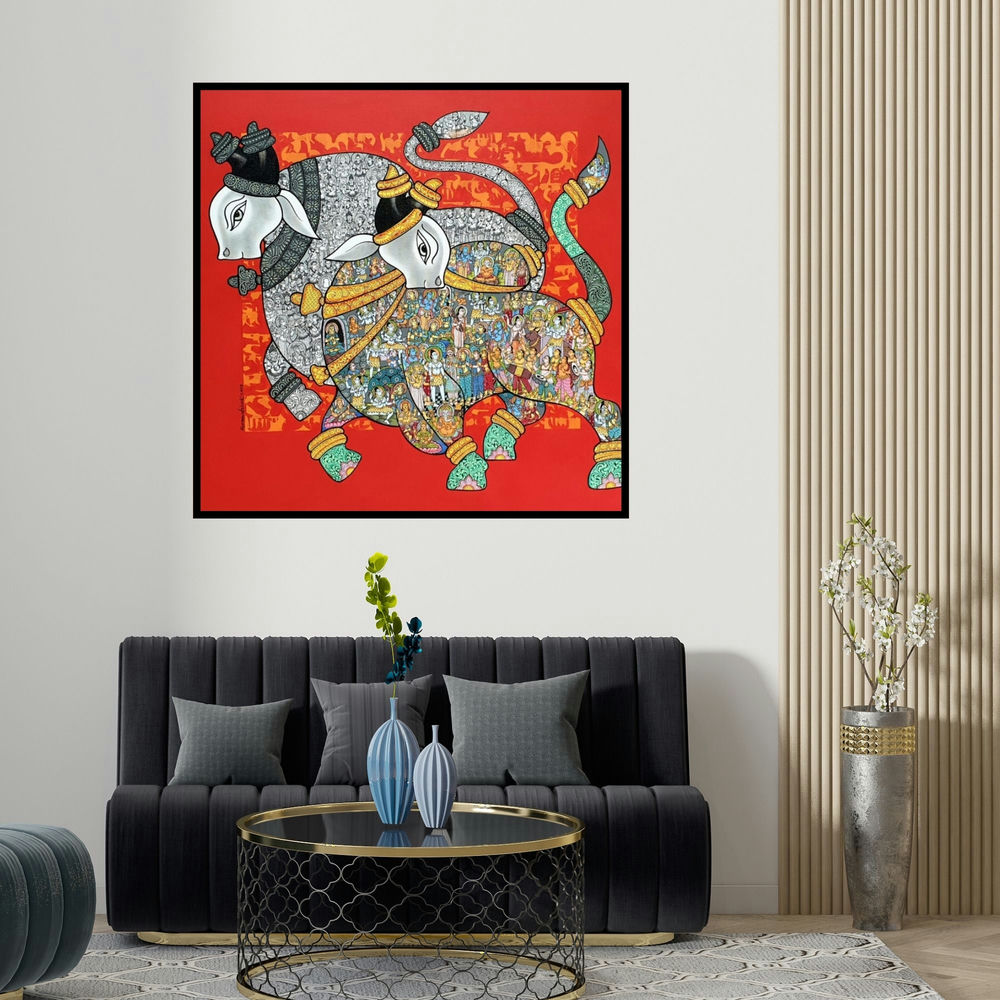 Vivek Kumavat's 'Nandi 65' painting visualized above a sofa in a contemporary room.