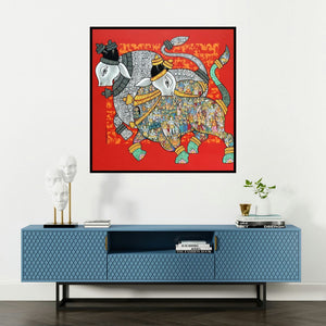 'Nandi 65' painting by Vivek Kumavat shown on a wall in a furnished room.