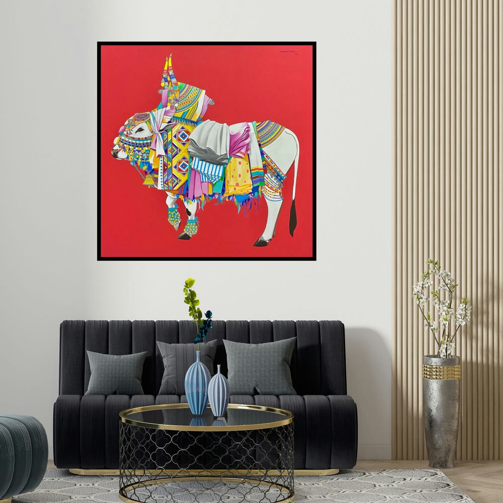 Mohammed Osman's 'Nandi (A Majestic Spectacle)' painting visualized above a sofa in a contemporary room.
