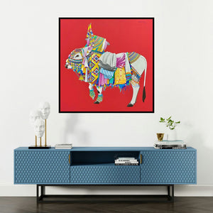 'Nandi (A Majestic Spectacle)' painting by Mohammed Osman shown on a wall in a furnished room.
