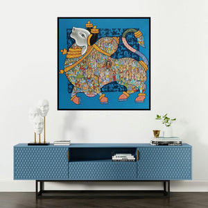 'Nandi 71' painting by Vivek Kumavat shown on a wall in a furnished room.