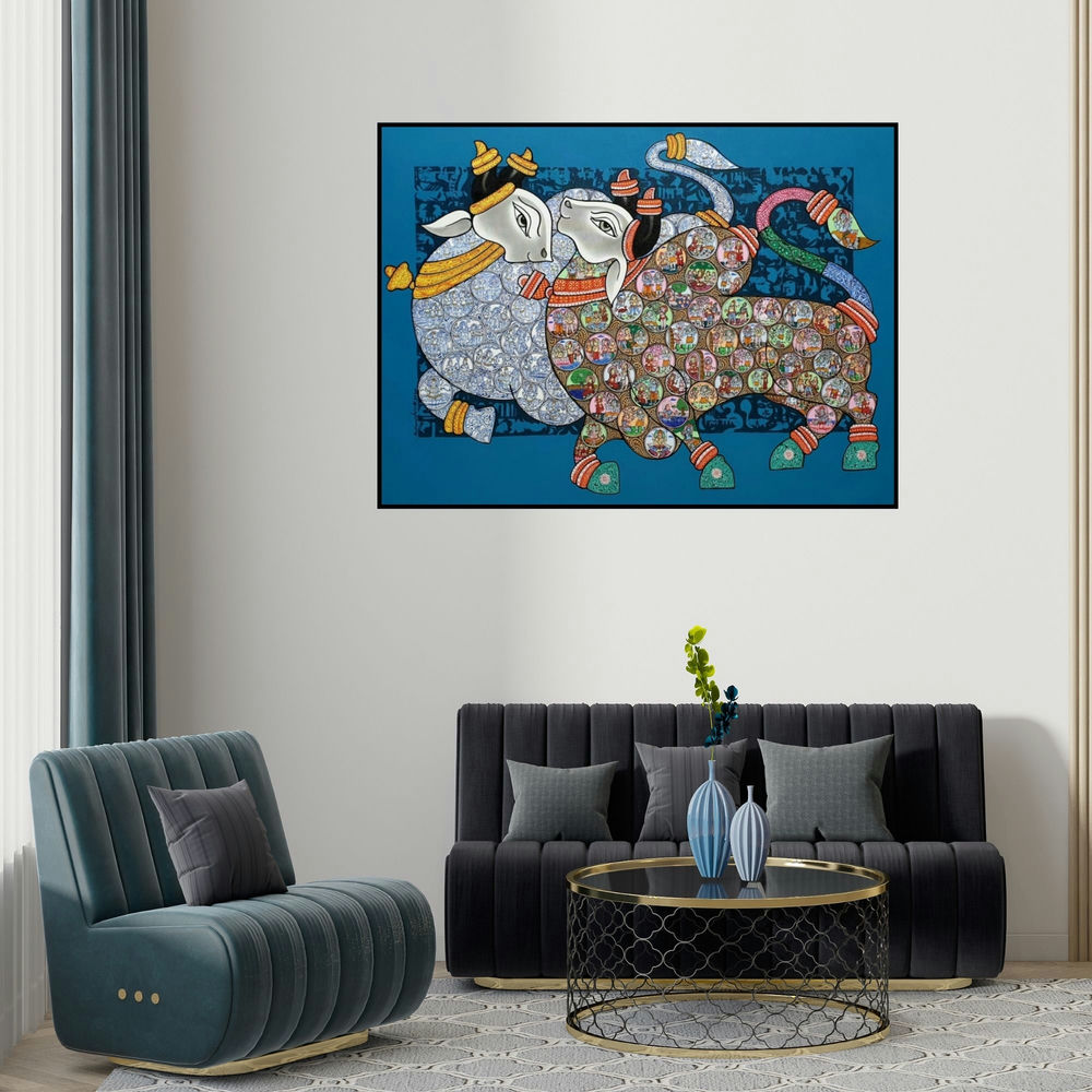 Vivek Kumavat's 'Nandi 72' painting visualized above a sofa in a contemporary room.