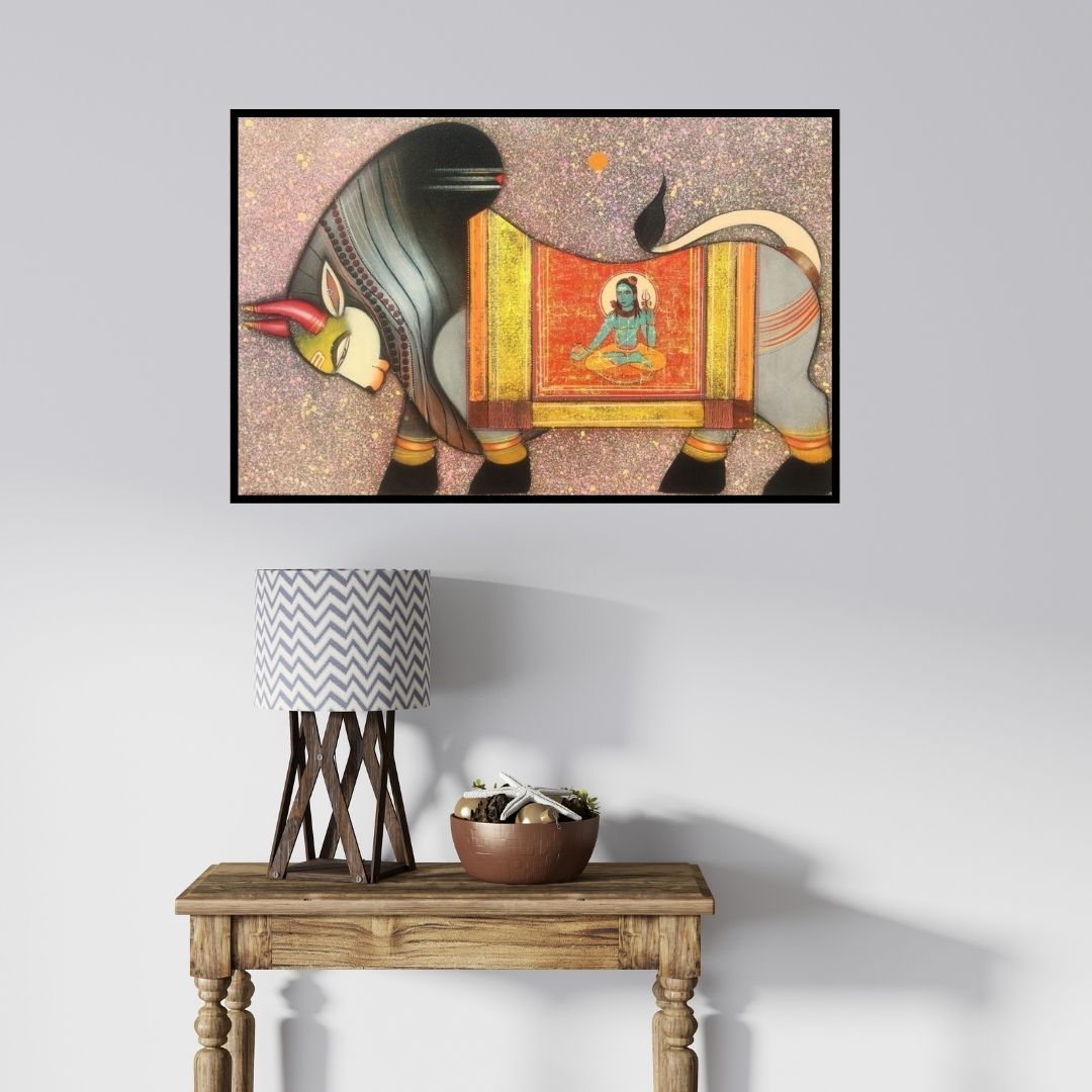 In-situ view of Ashok Rathod's 'Nandi (Nandi's Divine Vision)' painting in a room