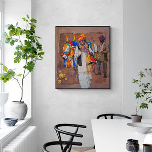 Satyajeet Varekar's painting 'Nandi And Man 2 (A Melody of the Fields)' displayed in a modern living room setting