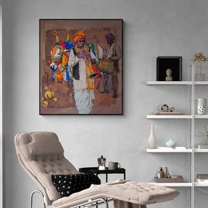 Satyajeet Varekar's 'Nandi And Man 2 (A Melody of the Fields)' Painting visualized above a sofa in a contemporary room