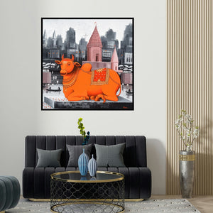 Reba Mandal's 'Nandi On Banaras Ghat 2 (Sacred Presence)' painting visualized above a sofa in a contemporary room.