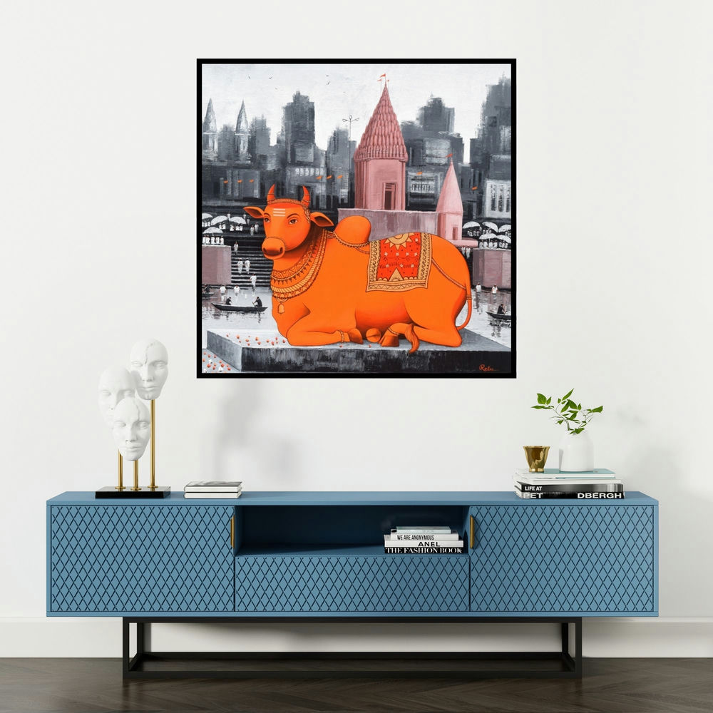 'Nandi On Banaras Ghat 2 (Sacred Presence)' painting by Reba Mandal shown on a wall in a furnished room.