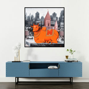 'Nandi On Banaras Ghat 2 (Sacred Presence)' painting by Reba Mandal shown on a wall in a furnished room.