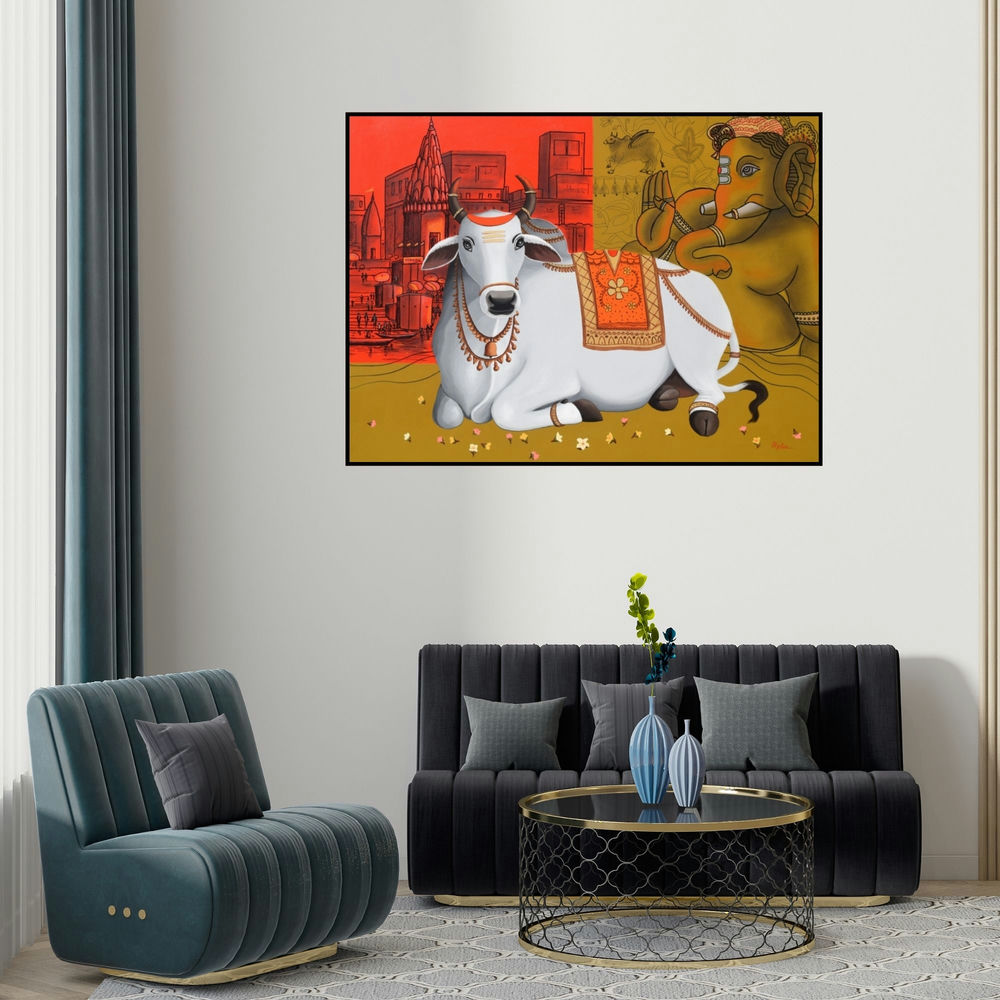 Reba Mandal's 'Nandi On Banaras Ghat (Blessings of the Divine)' painting visualized above a sofa in a contemporary room.