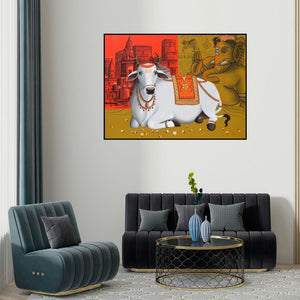 Reba Mandal's 'Nandi On Banaras Ghat (Blessings of the Divine)' painting visualized above a sofa in a contemporary room.