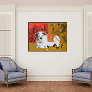 'Nandi On Banaras Ghat (Blessings of the Divine)' painting by Reba Mandal shown on a wall in a furnished room.